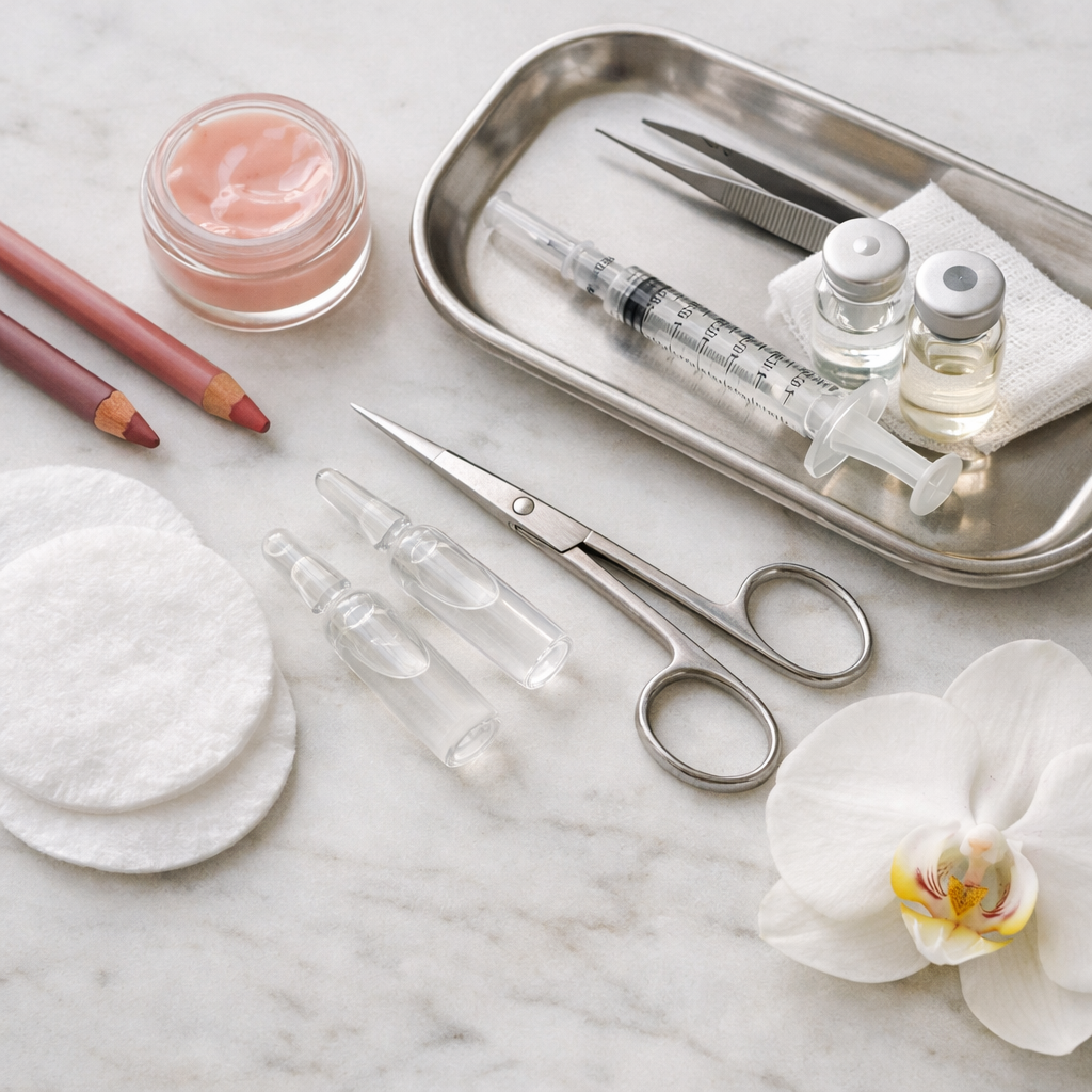 Precio aumento de labios murcia — objetos y texturas del servicio sobre una superficie ordenada